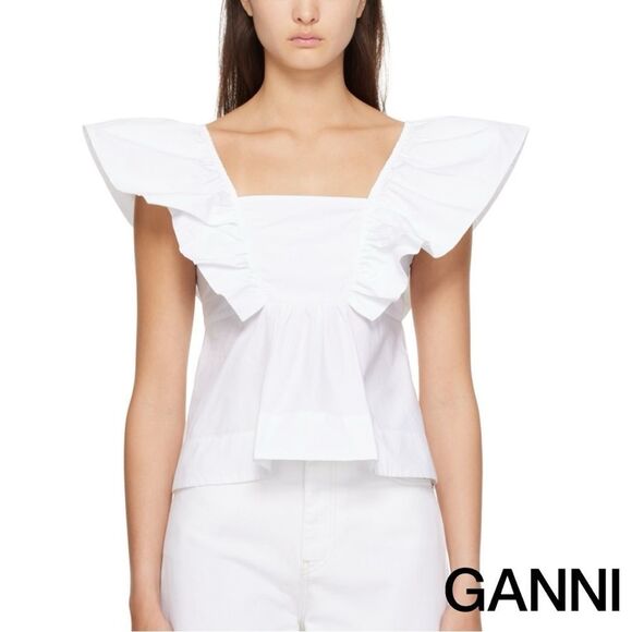 GANNI **NWT** Sleeveless Ruffle Cotton Poplin Blouse / Tank in Bright White - Picture 1 of 16